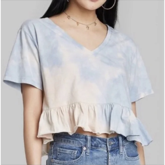 Wild Fable Pure Cotton Tie Dye Peplum V-Neck Short Sleeve Cropped Blouse - Picture 3 of 9